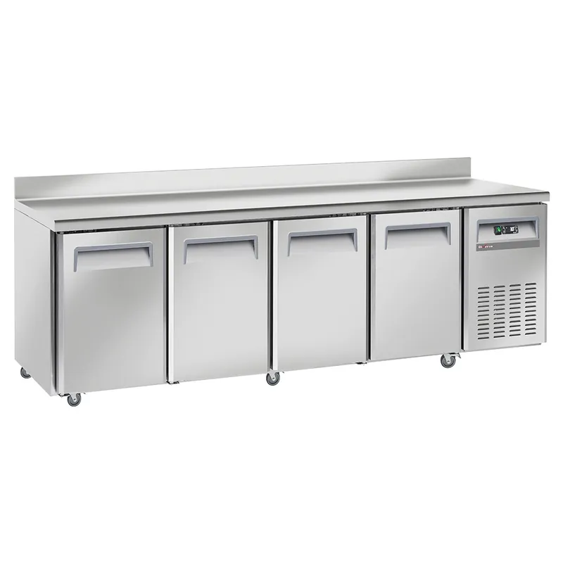 Voordeelprijs Koeltafel, geventileerd, 4 deuren GN 1/1, met achterwand, op wielen, 2 met remmen