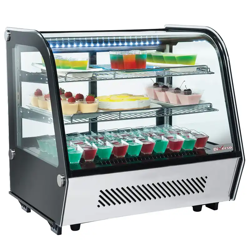 Koopje Tafelmodel koelvitrine, 3 niveaus, gebogen glas