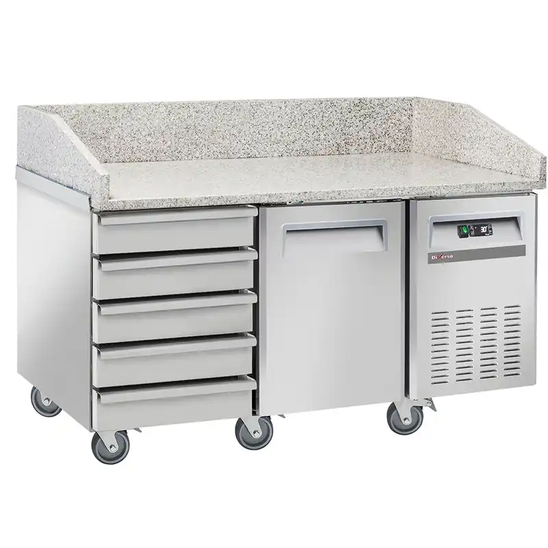 Koeltafel voor pizzeria, 1 deur EN 600x400, 5 neutrale laden EN 600x400, op wielen, 2 met remmen Shop Nu