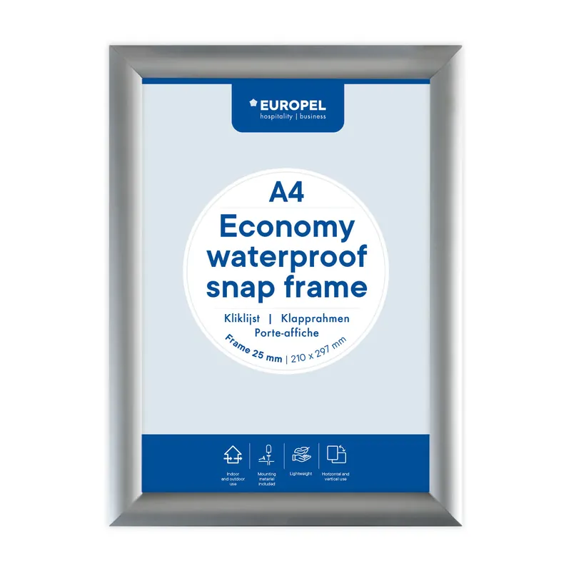 Kliklijst Europel Economy waterdicht A4 25mm zilver Op = Op
