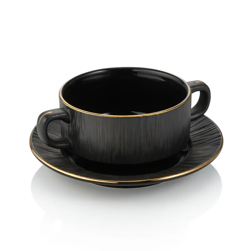 Soepkom met schotel set MAYA KURO, Ø 10,5 cm, 250 ml, zwart, set van 4 stuks, porselein Weekendaanbieding