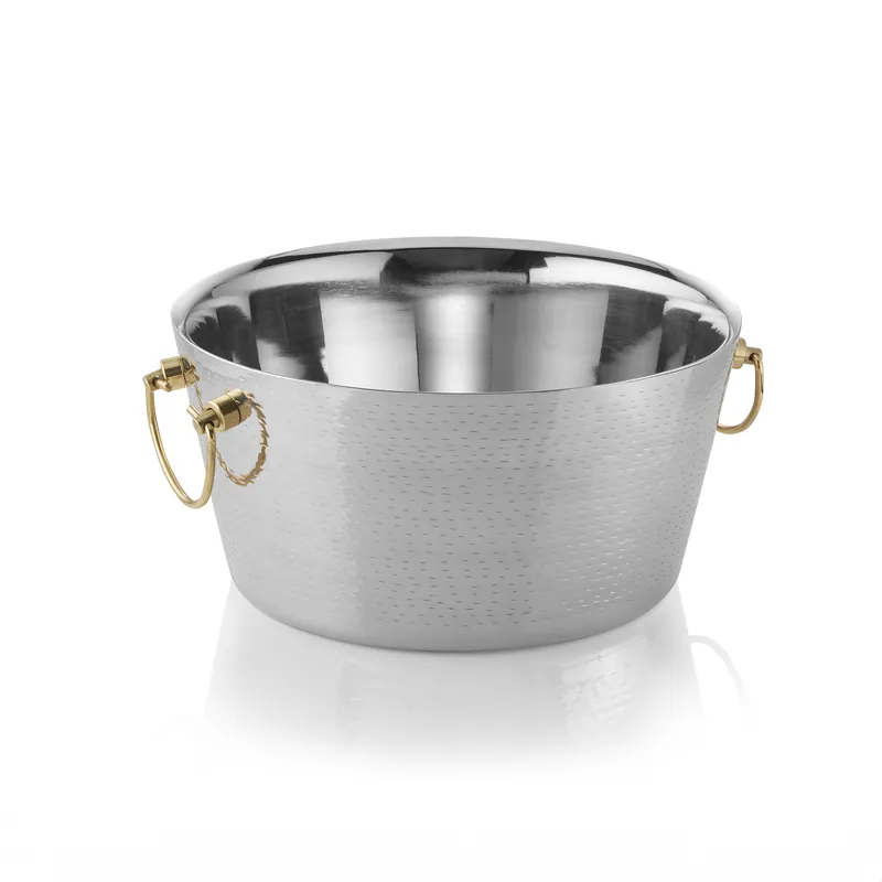 champagnekoeler, met messinggrepen, Ø 34 cm, hoogte 17 cm, dubbelwandig, gehamerde oppervlakte, chroom-nikkelstaal, messing Betrouwbaar