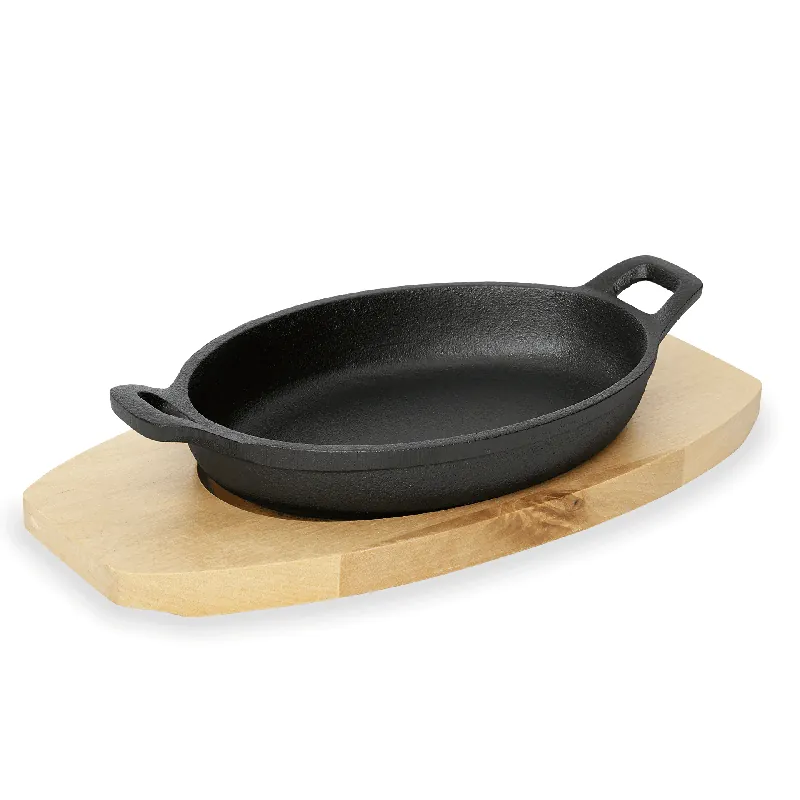 Op = Op Serveerpan IRON DINING, met houten onderzetter, 18 x 12 x 3 cm, gietijzer, hout
