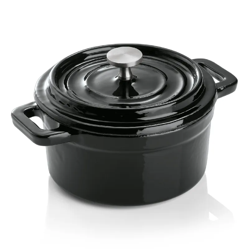Cocotte, Ø 10 cm, hoogte 6,5 cm, zwart, gietijzer, roestvrij staal, geëmailleerd Beperkt Aanbod