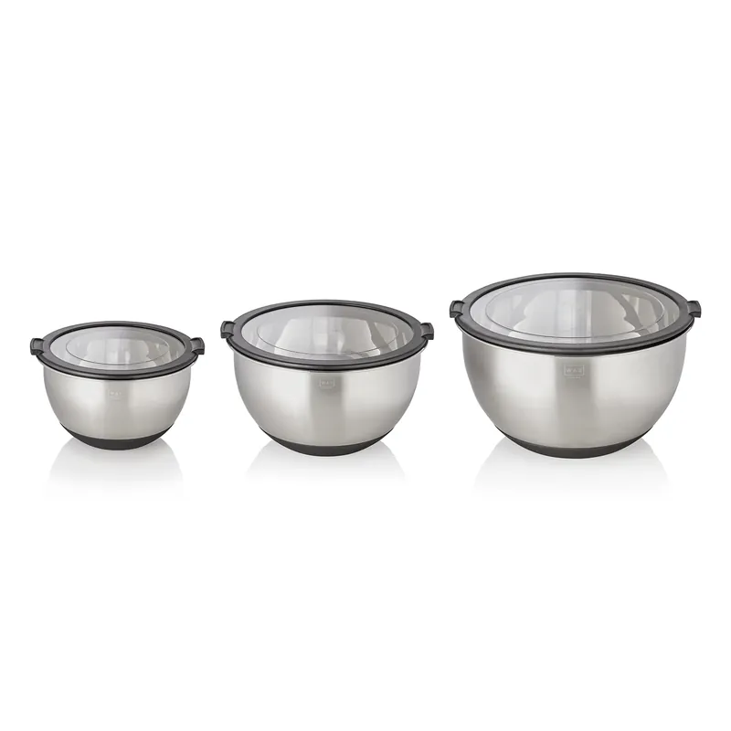 Bestel Nu Kom-set, 3-delig, diameter 11/13/15 cm, 3 deksels, antislipbodem, chroom-nikkelstaal, silicone
