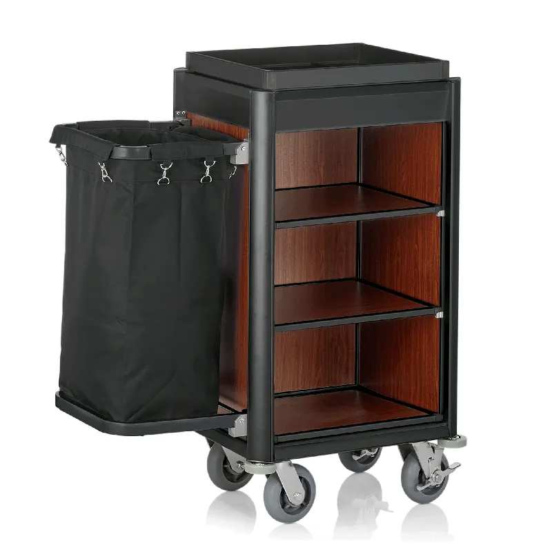 Koop Vandaag Roomservicetrolley ISABELLA, 95 x 55 x 116 cm, zwarte randen, donker houtlook, aluminium, MDF, polyestervezelstof