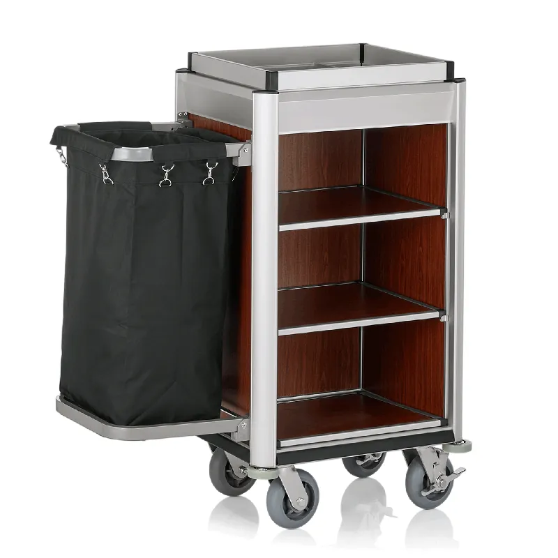 Kamerservicewagen ISABELLA, 95 × 55 × 116 cm, lichte randen, donkere houtlook, aluminium, MDF, polyestervezelstof Gratis Retour