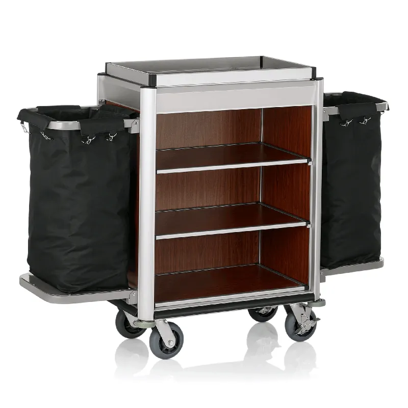 Uitverkoop Kamerservicetrolley ISABELLA, 155 x 55 x 116 cm, lichte randen, donkere houtlook, aluminium, MDF, polyestervezelstof