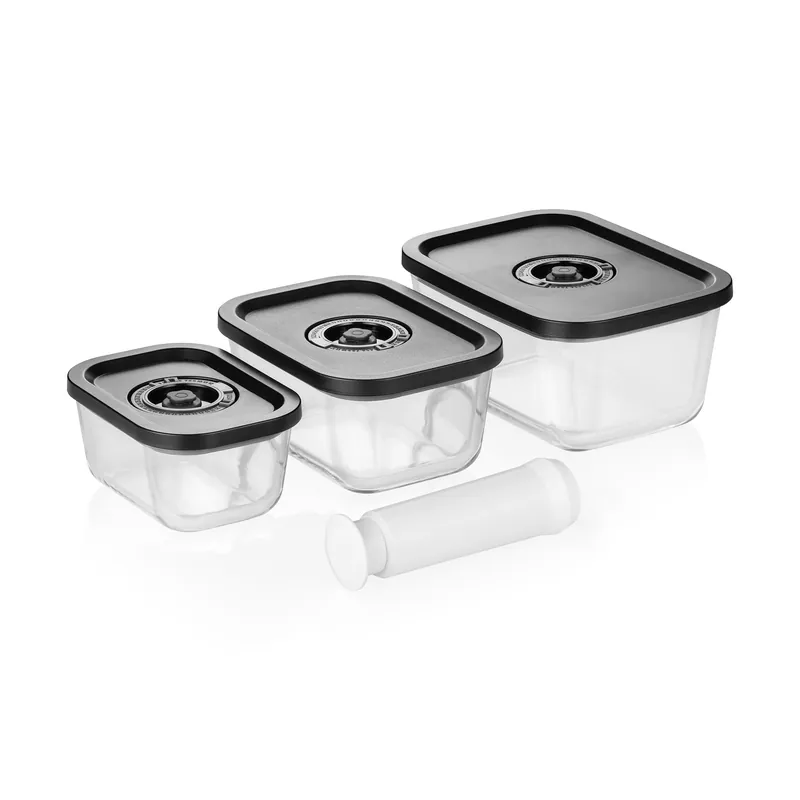 Vershoudbakjes-set met ABS-deksel, 3-delig, met handmatige vacuümpomp, borosilicaatglas Voordeelprijs