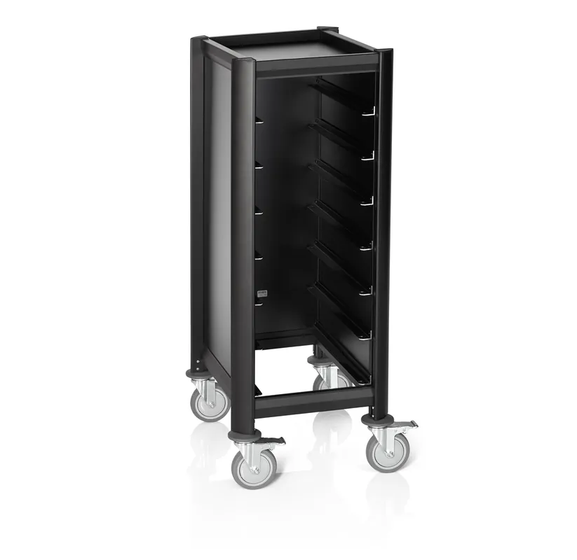 Serveertrolley SINGLE GN 1/1 MENSA BLACK, voor 7 dienbladen, zwart, 60 x 44,5 x 125 cm, MDF/Aluminium Laatste Versie